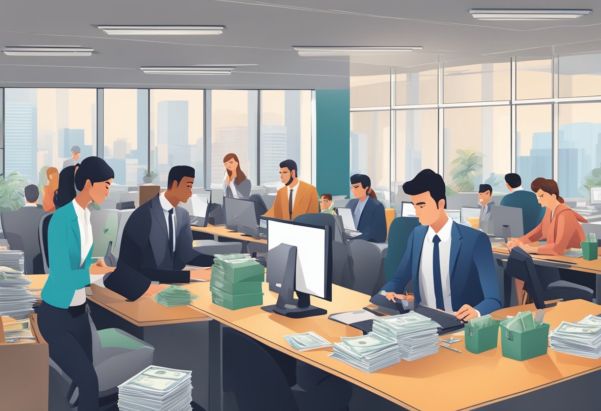 A person submits documents to a money lender in a crowded office, while employees process loans behind desks