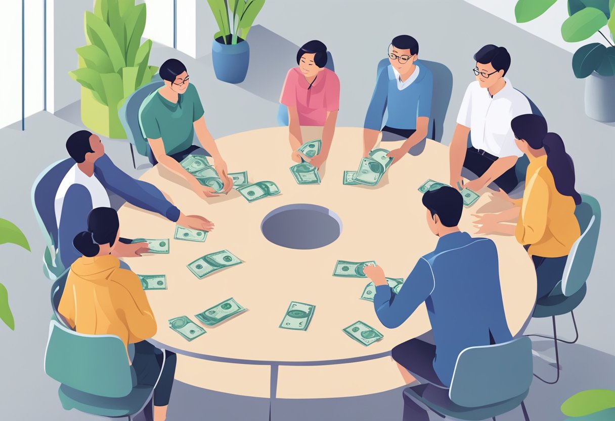 A group of people sitting in a circle, discussing and exchanging money at a licensed money lender forum in Singapore