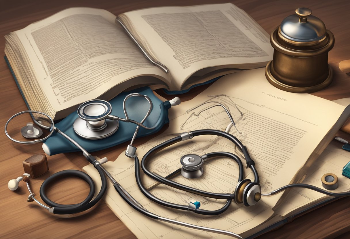 Medical tools, ancient texts, and modern technology symbolize the history of cardiology. An old stethoscope, ECG machine, and a book on heart anatomy are arranged on a desk
