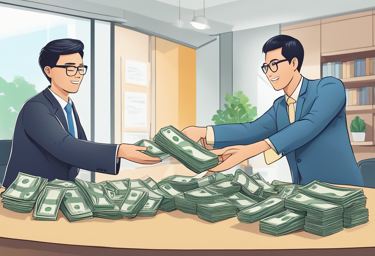 A person receiving money from a money lender in Singapore, with a thank you gesture