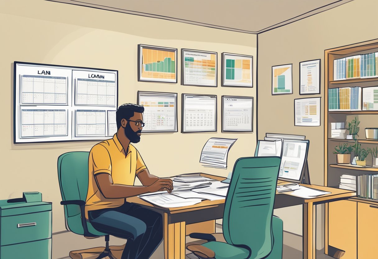 A person sits at a desk, comparing loan options from a licensed money lender. A calendar on the wall shows 24 months