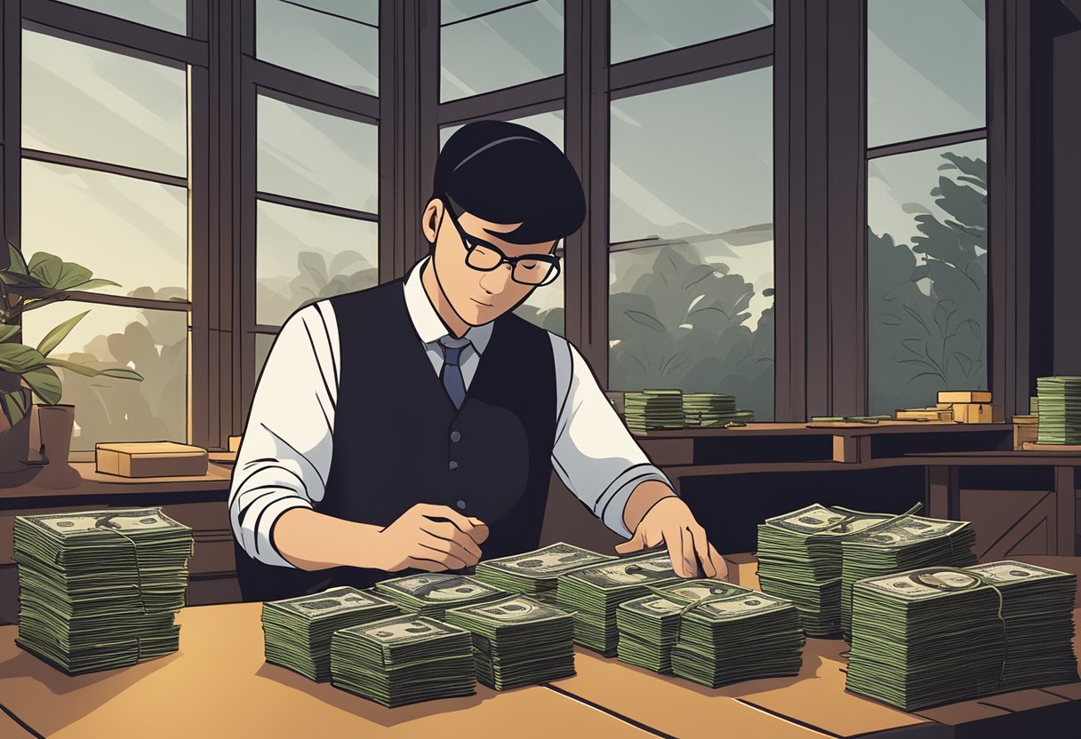 A kovan money lender counting stacks of cash on a wooden table in a dimly lit room