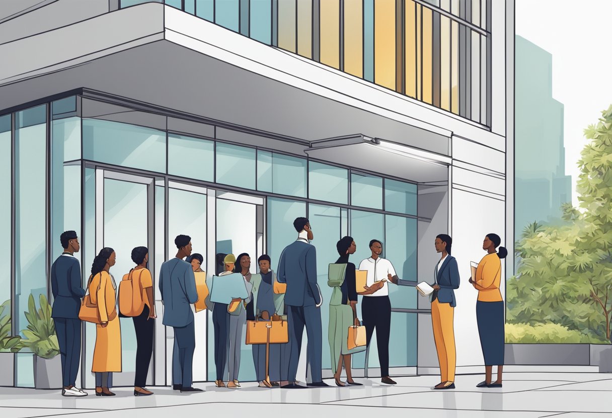 A line of diverse people waits outside a modern office building with a sign that reads "Frequently Asked Questions: imm money lender."