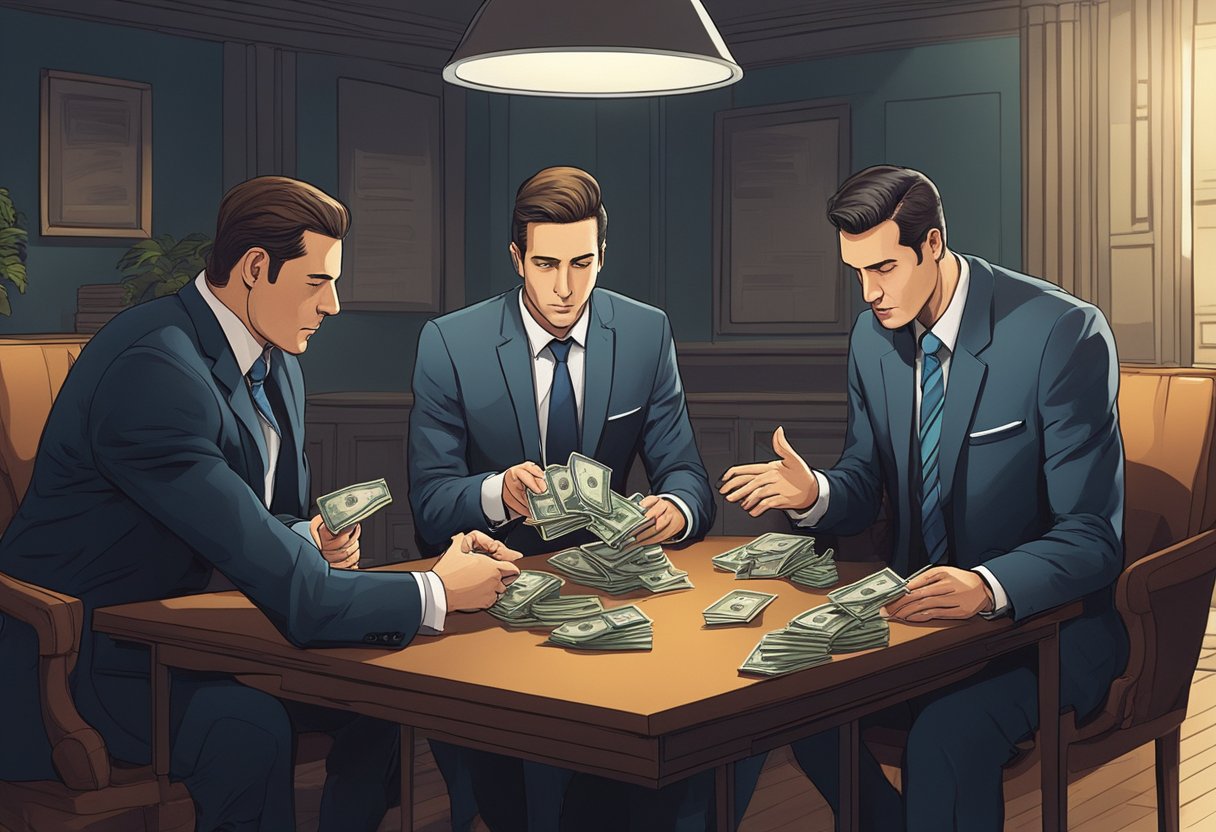 A group of businessmen in suits exchanging money across a table in a dimly lit room. The atmosphere is tense, with a sense of secrecy and urgency