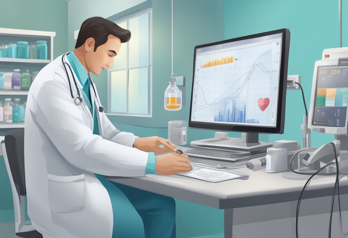 A doctor monitors vital signs and adjusts medication for adult congenital heart failure in a hospital setting