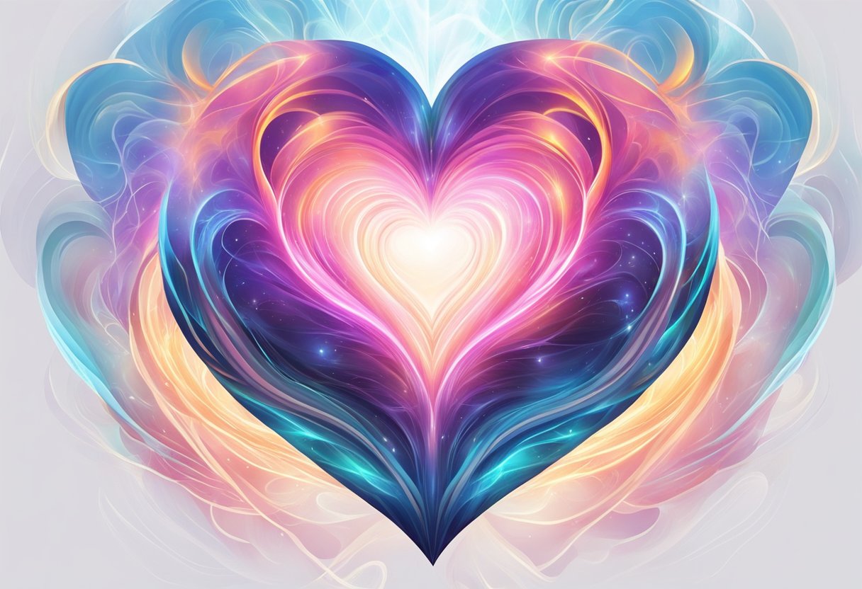 A glowing heart surrounded by swirling energy, emanating a sense of peace and balance