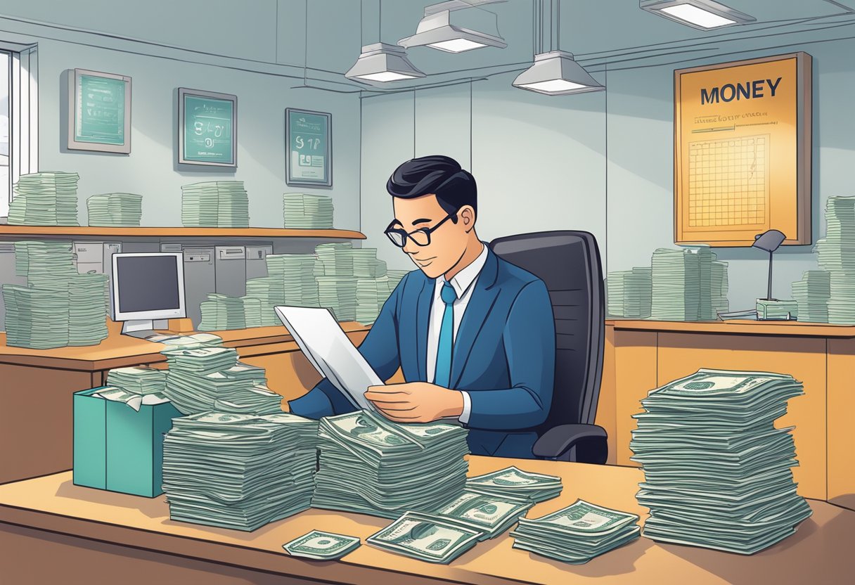 A money lender counting cash behind a desk in a bright, organized office space with a sign displaying "Kovan Money Lender" prominently