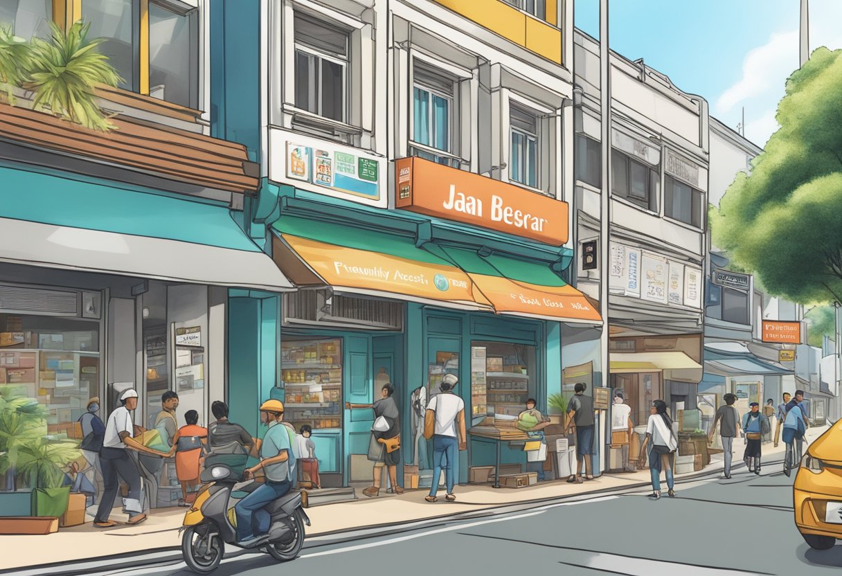A bustling street with a prominent sign reading "Frequently Asked Questions" and a storefront labeled "jalan besar money lender."