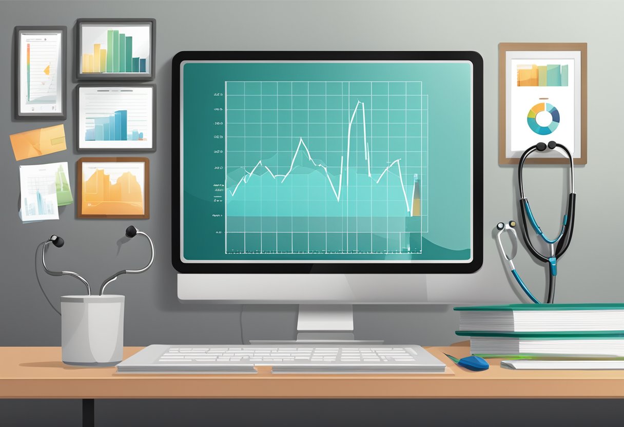A stethoscope rests on a desk beside a computer monitor displaying a heartbeat graph, with a framed medical diploma hanging on the wall