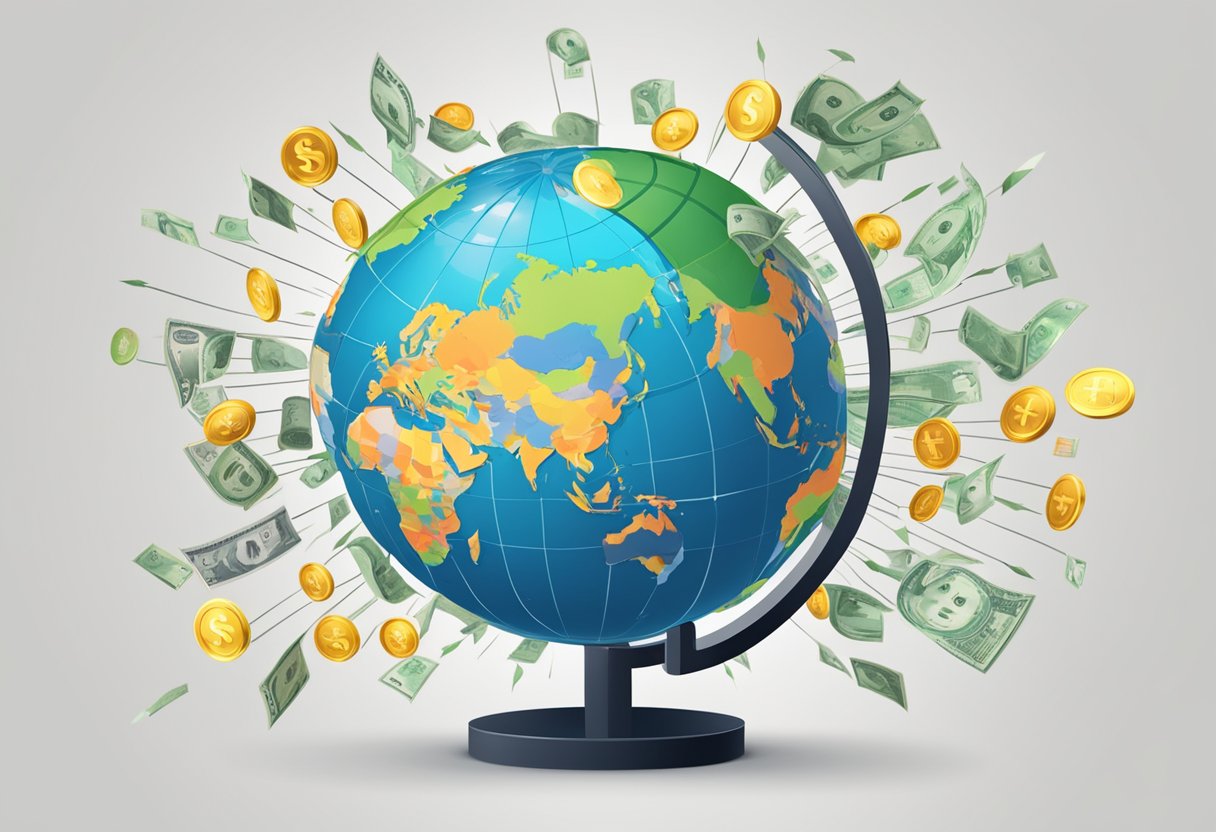A globe surrounded by currency symbols, with arrows representing money flowing between countries