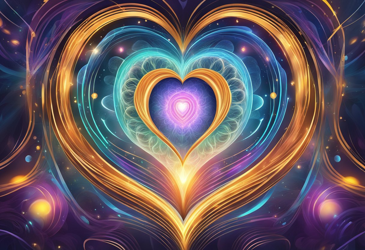 A bright, glowing heart-shaped center radiates energy, surrounded by swirling patterns of light and color