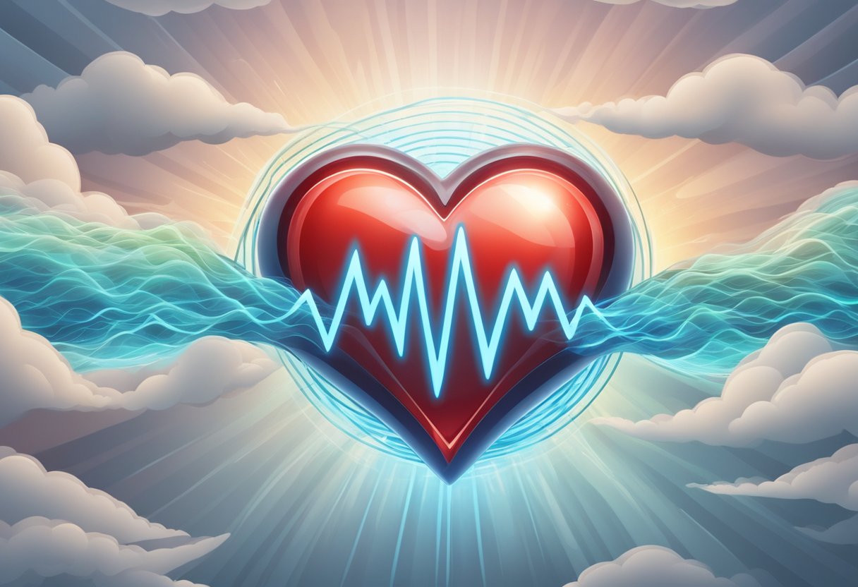 A bright red heart-shaped lifeline symbol surrounded by pulsing waves of energy