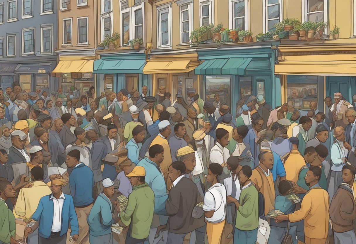 Busy street with bustling money lenders exchanging cash. People eagerly approach, while others count their earnings. The energy is palpable
