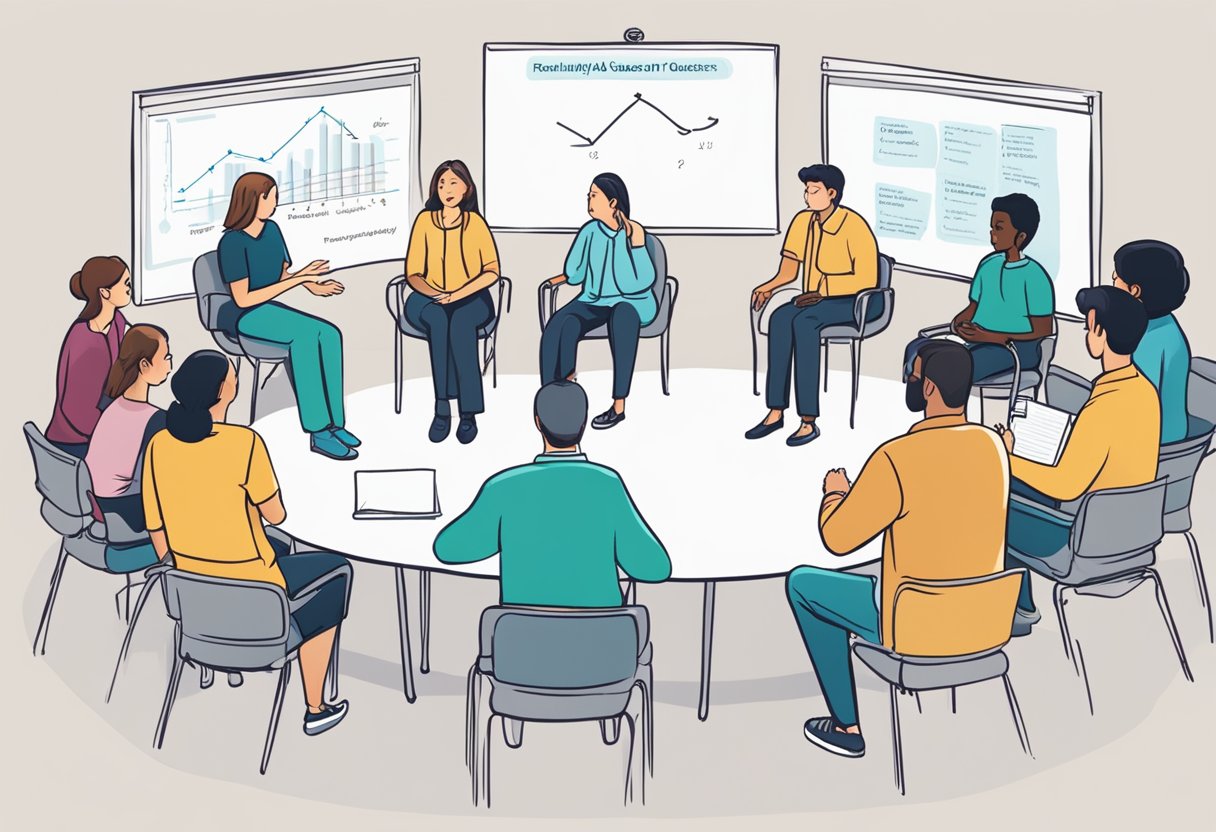 A group of adults sitting in a circle, discussing and asking questions about congenital heart failure. A whiteboard or screen displaying the words "Frequently Asked Questions" in the background