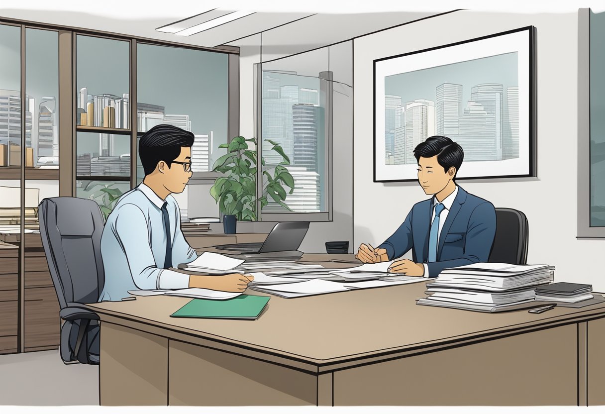 A moneylender in Singapore sits behind a desk, discussing loan terms with a client. The office is neat and professional, with a sign displaying the licensed status prominently