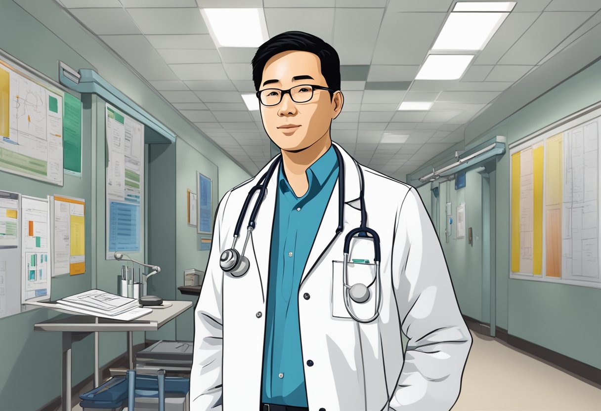 Victor Lim, a cardiologist, stands in a hospital hallway with a stethoscope around his neck, surrounded by medical equipment and charts