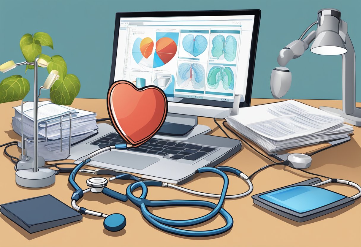 A stethoscope and heart diagram on a desk, surrounded by medical books and a computer screen displaying cardiac images