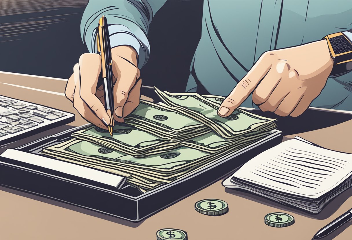 A person counting money at a desk, with a ledger and pen nearby