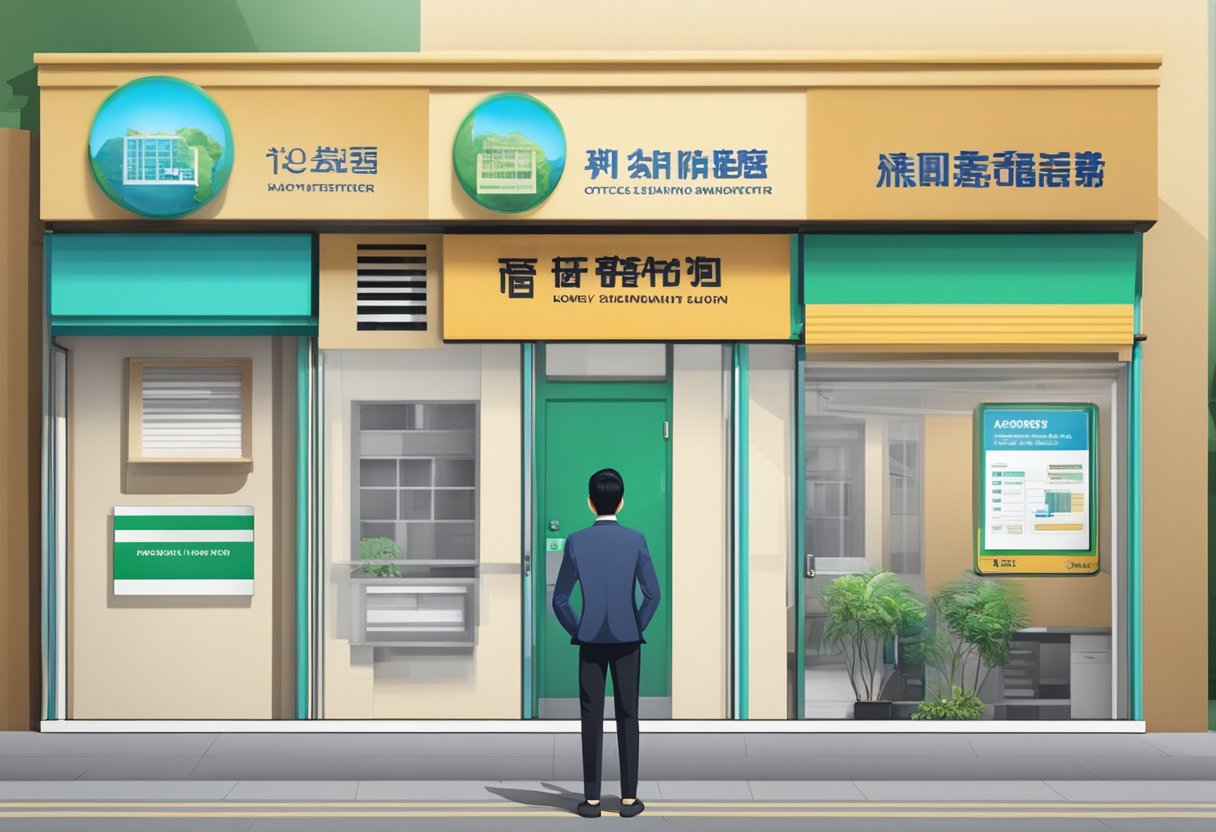 A person standing in front of a licensed moneylender's office in Kovan, with a sign displaying the company's name and logo