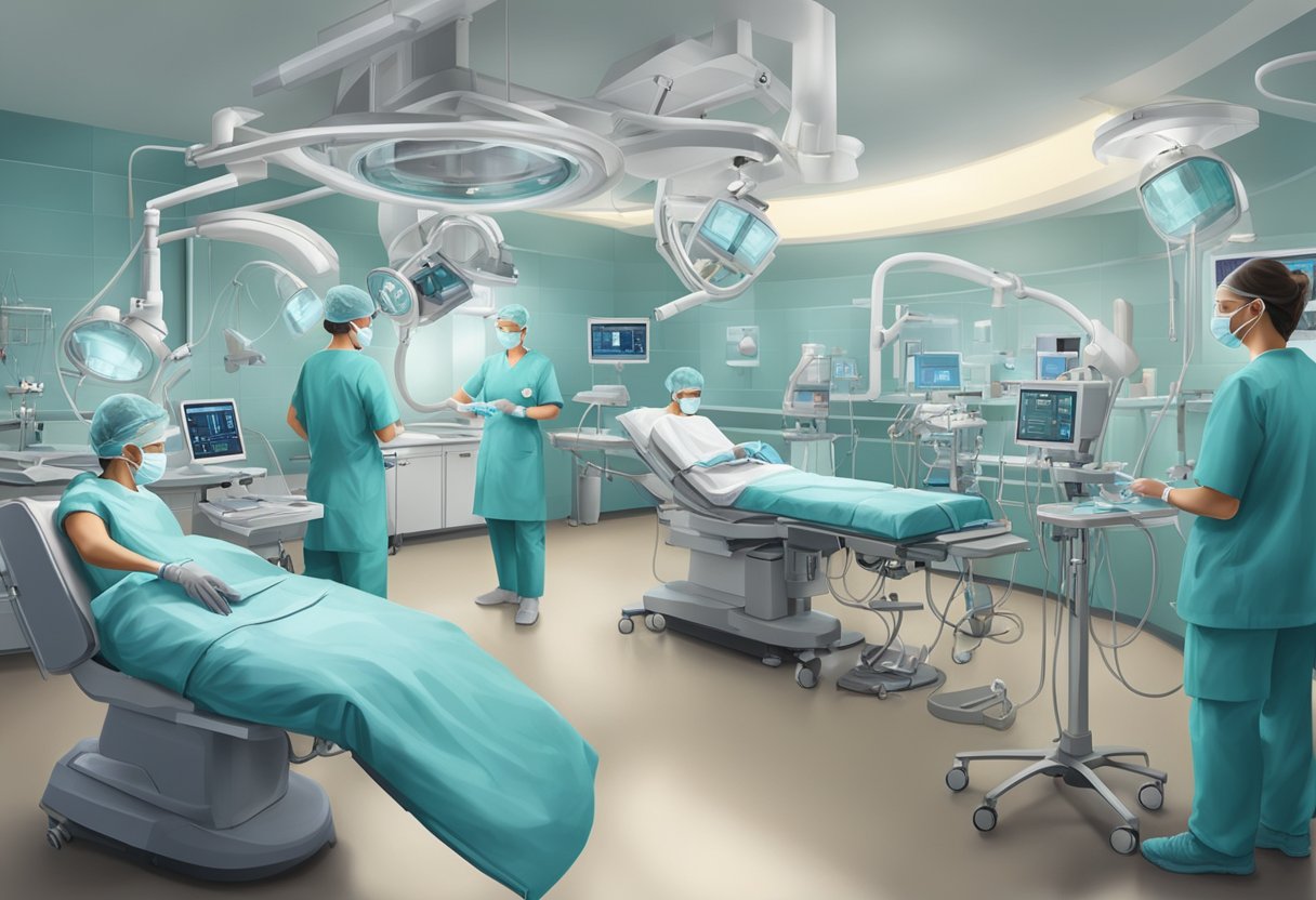 A bright, sterile operating room with state-of-the-art equipment and a team of focused medical professionals performing advanced cardiological interventions to restore the heart center