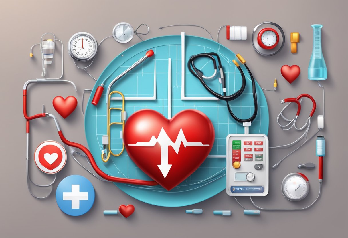 A vibrant red heart symbol with a lifeline running through the center, surrounded by medical equipment and a heart health center sign
