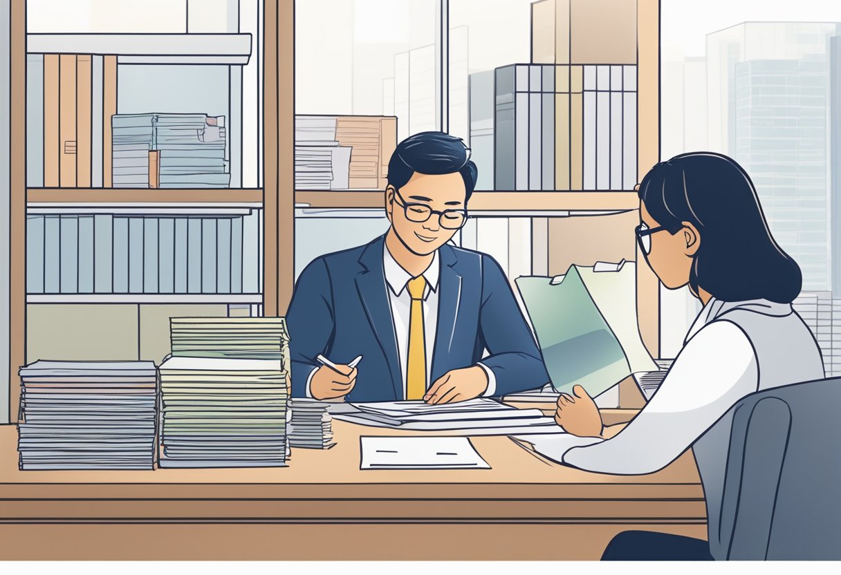 A licensed money lender in Singapore sits behind a desk, displaying their license prominently. A customer fills out paperwork, while the lender explains terms
