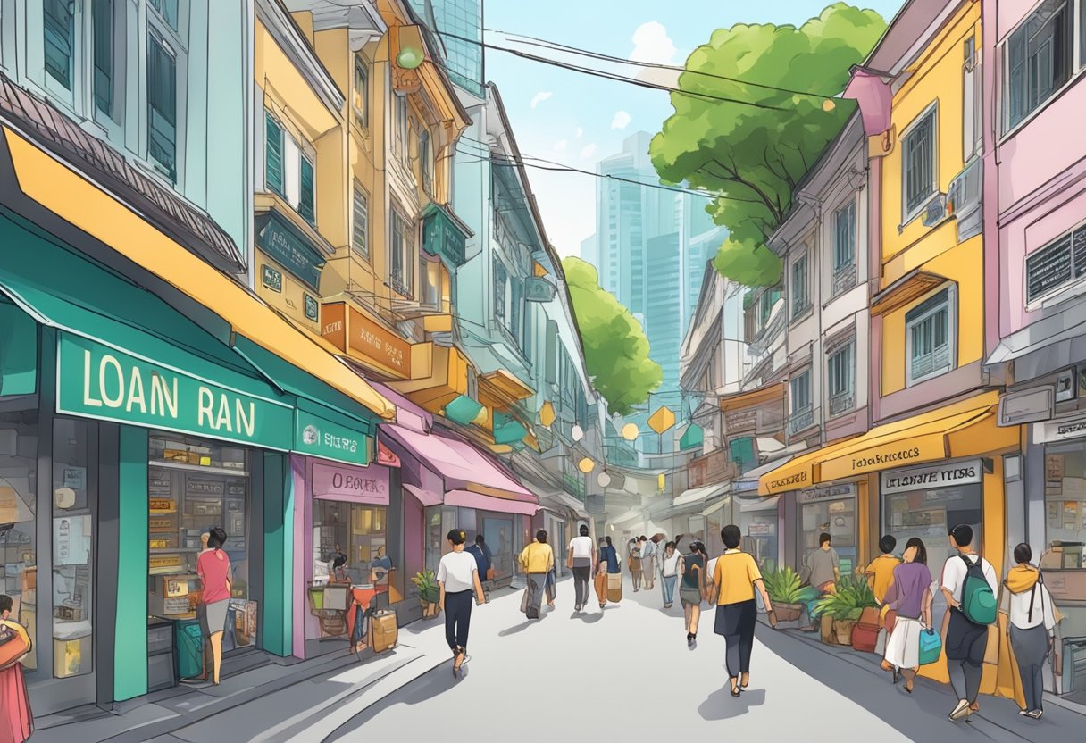 A bustling Singapore street with vibrant money lending storefronts, people entering and exiting, and signs displaying interest rates and loan terms