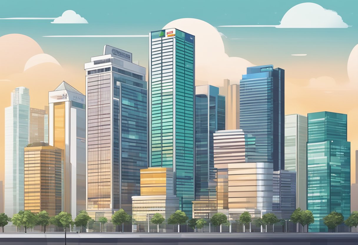 A row of sleek office buildings with bold signage, displaying the names of the top 5 licensed money lenders in Singapore