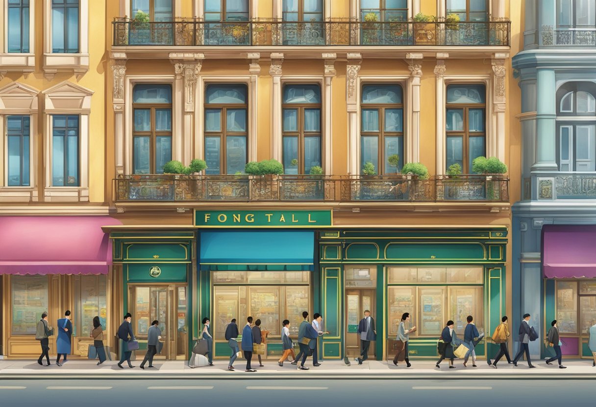 The bustling streets of Fong Capital Money Lender, with people coming and going, exchanging money and documents through the ornate windows