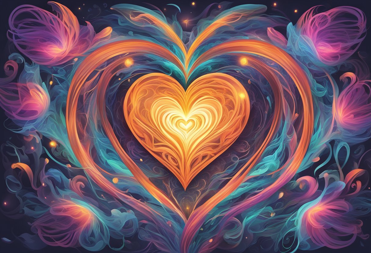 A glowing heart surrounded by swirling questions