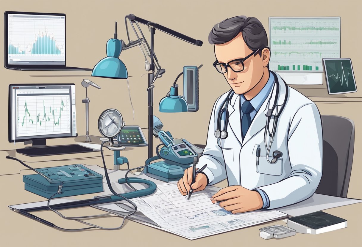 A cardiologist examines an ECG report, surrounded by medical equipment and charts on cardiac diseases