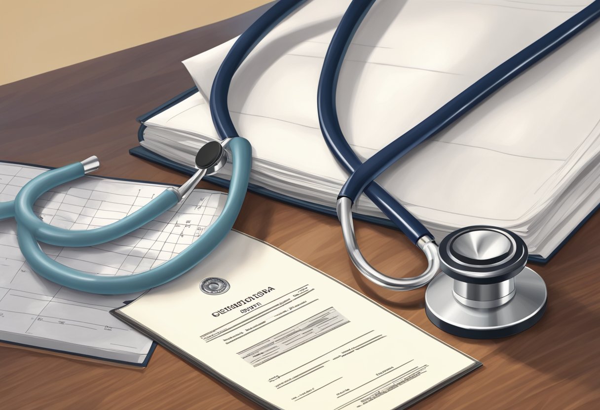 A stethoscope and a medical diploma displayed on a desk, with a white lab coat hanging on a chair