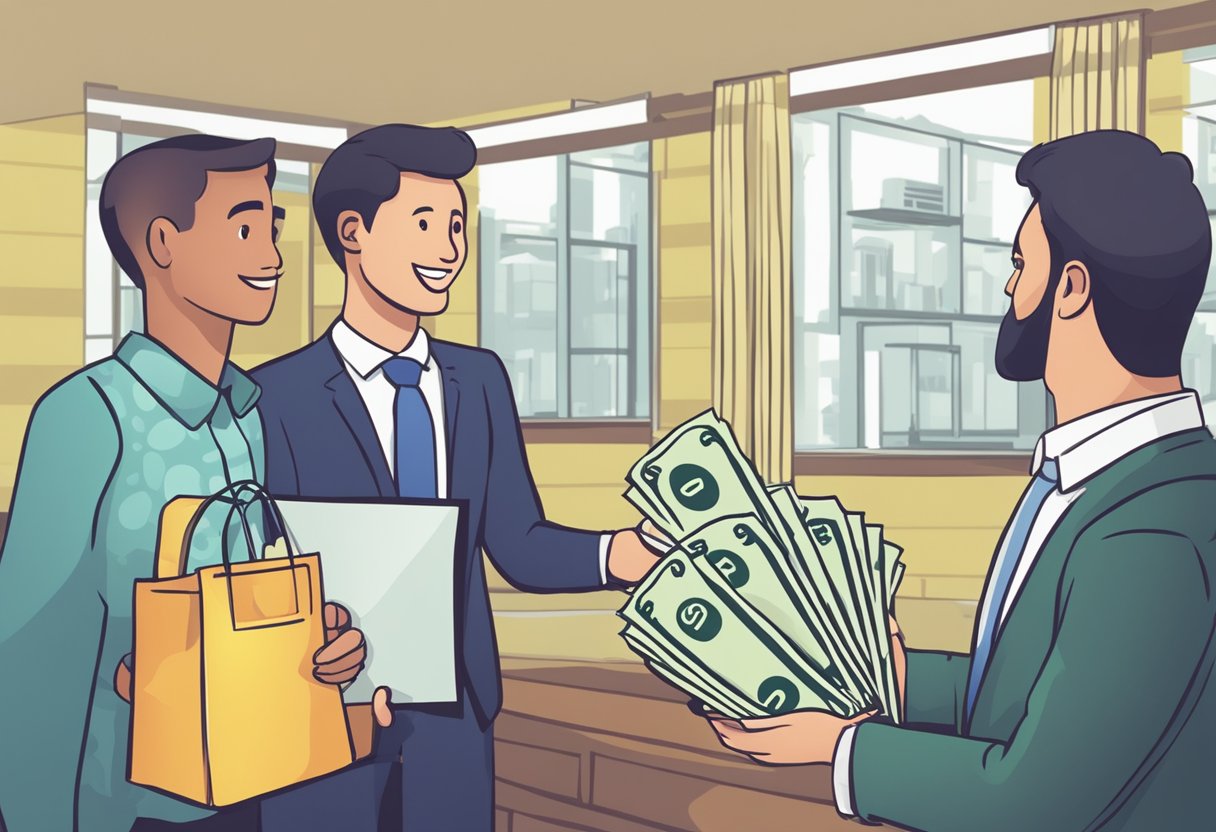 A person handing over money to a money lender, with a sign reading "Frequently Asked Questions" in the background