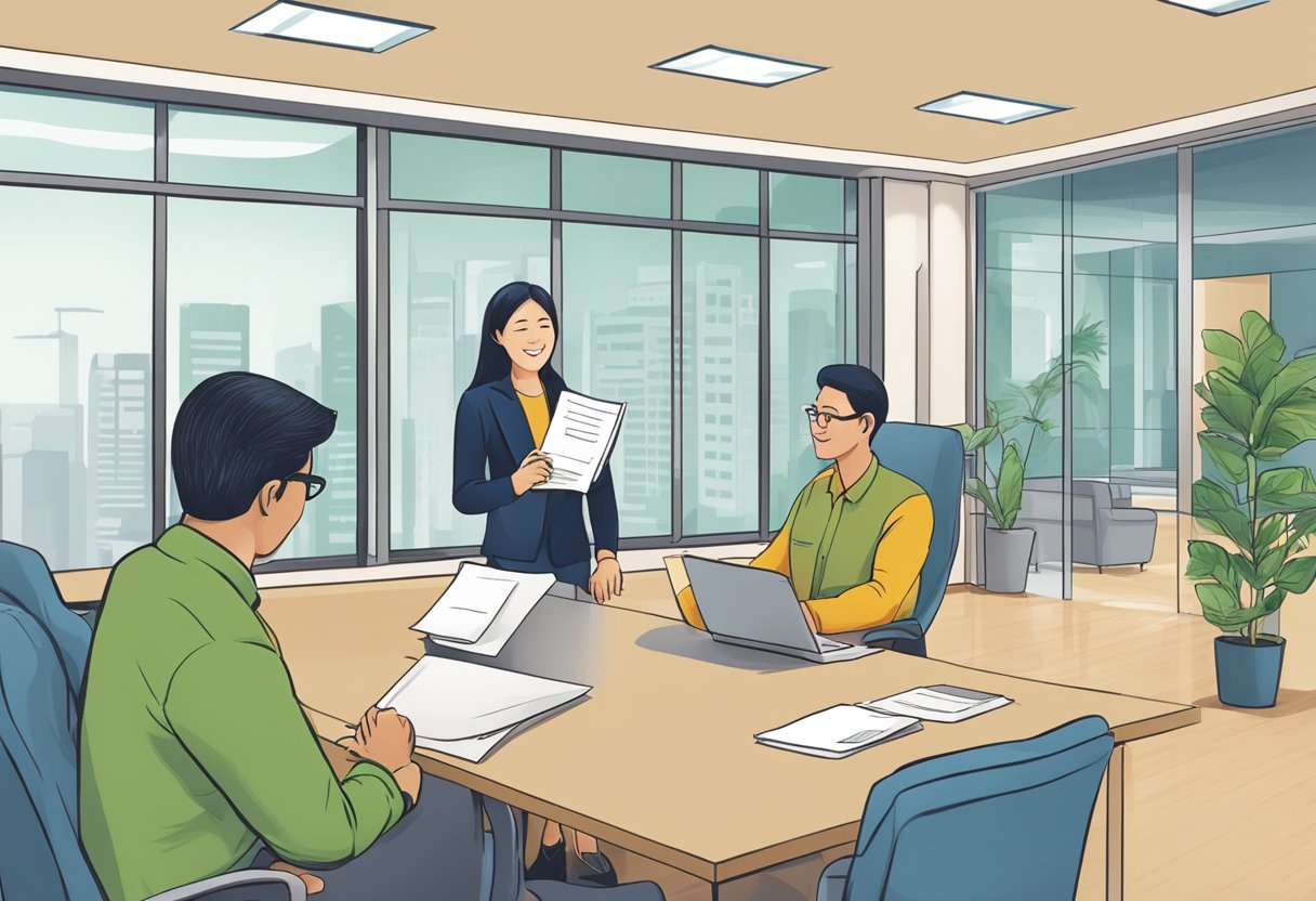 A customer at a kovan money lender office, receiving a pamphlet with "Frequently Asked Questions" printed on it