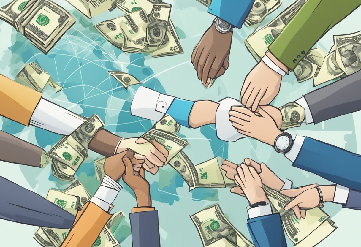 A group of global financial institutions form a partnership, symbolized by shaking hands and exchanging currency symbols