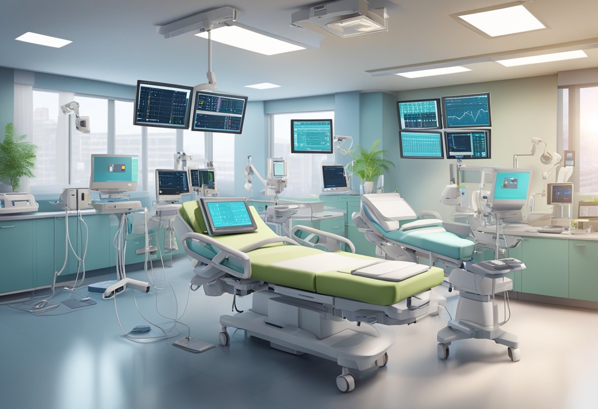 A modern hospital room with advanced cardiac equipment and monitors, a team of medical professionals working together to provide innovative treatment and care for cardiac patients