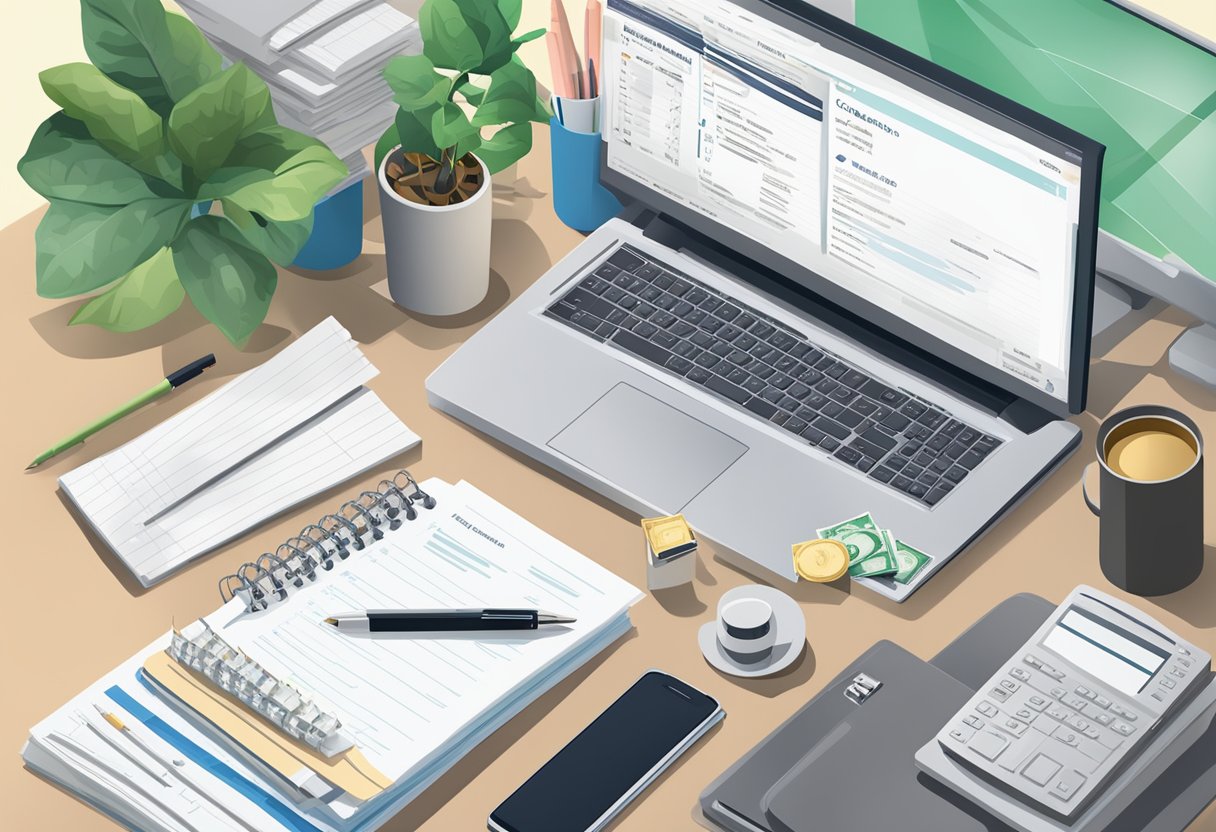 A desk with a computer displaying the top 5 licensed money lenders in Singapore. A stack of papers and a pen sit next to the computer