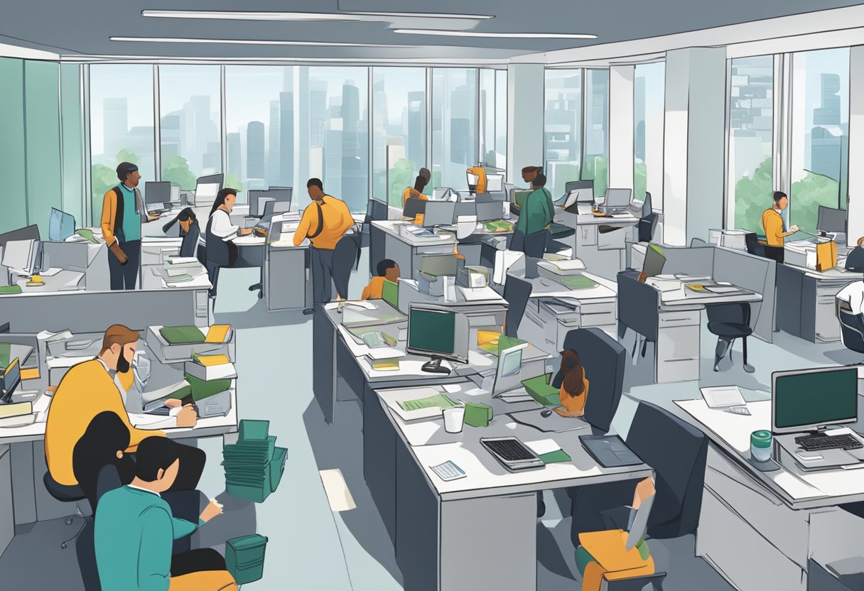A bustling office with individuals and businesses seeking loans from dynamic money lenders. Papers and computers fill the space as employees work diligently to process loan applications