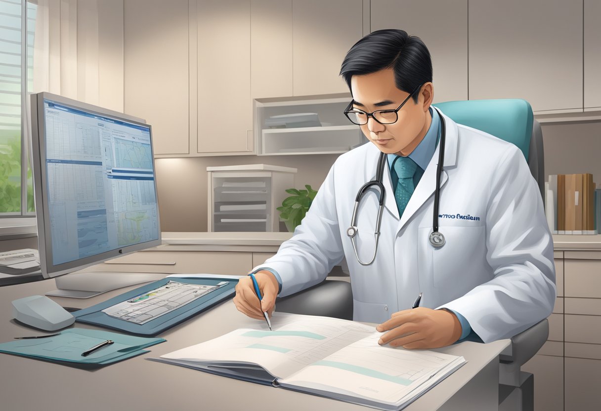 A cardiologist, Victor Lim, reviews patient information in a clinical practice setting