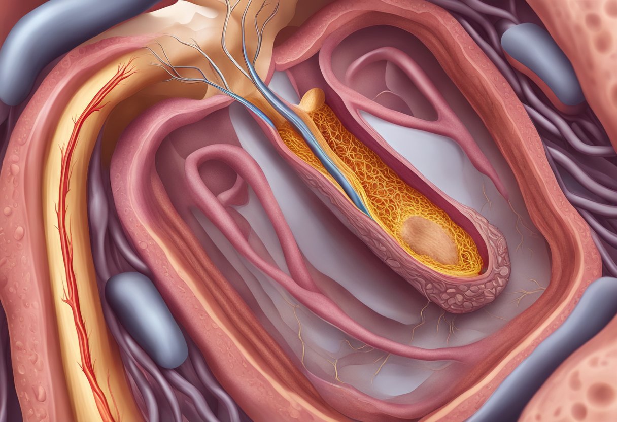 A clogged artery with plaque buildup, restricting blood flow