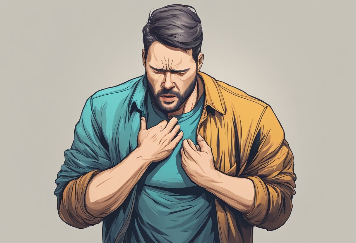 A figure clutching their chest, coughing violently