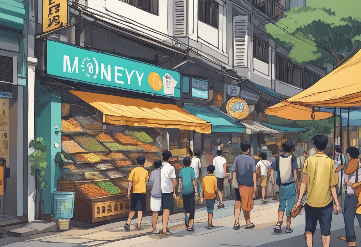 A money lender's sign hangs above a bustling street in Geylang Bahru, Singapore. Pedestrians walk past shops and market stalls, while the scent of local cuisine fills the air