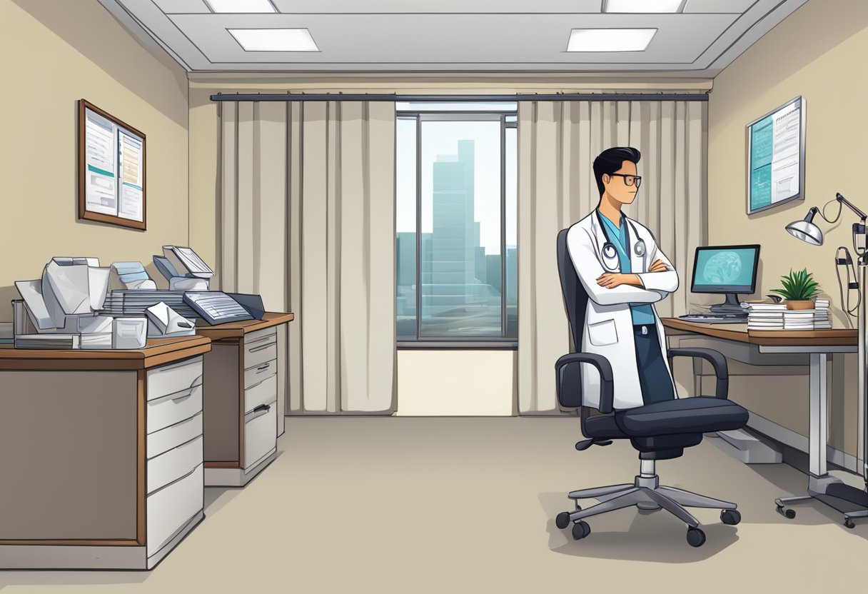 A doctor's office with a desk, computer, and medical charts. A sign on the wall reads "Frequently Asked Questions - Victor Lim, Cardiologist."