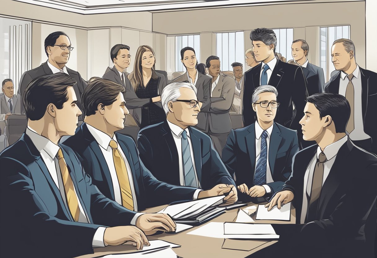 A group of individuals in business attire gather at a formal meeting, with the association's logo prominently displayed in the background
