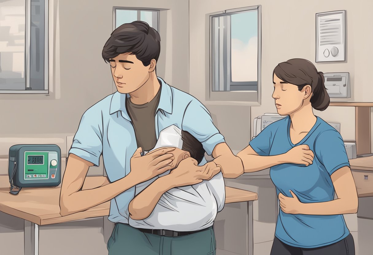 A person clutching their chest, sweating, and struggling to breathe. Another person quickly grabbing a defibrillator and performing CPR