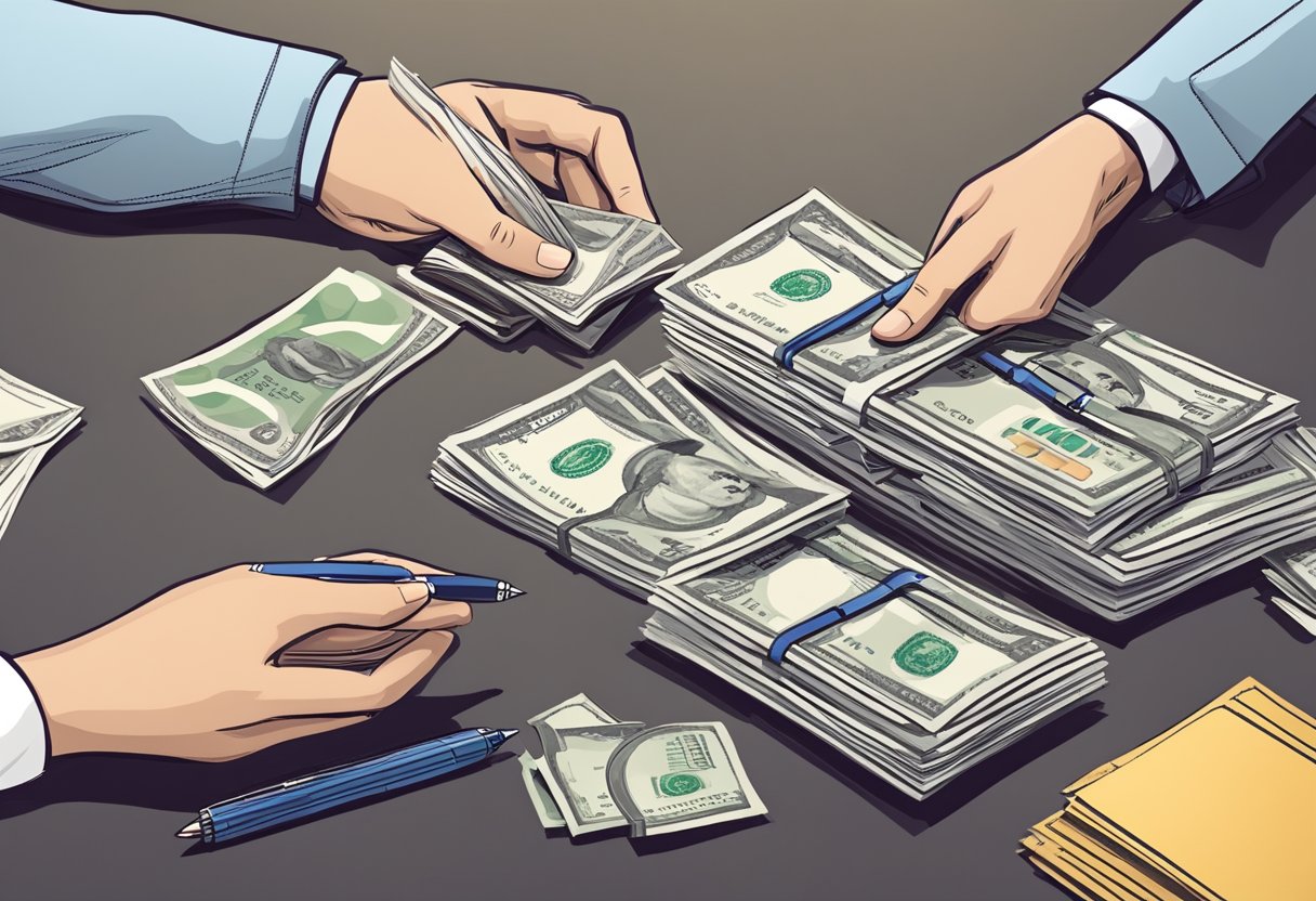 A person lending money to another, exchanging cash for a signed agreement. A stack of bills and a pen on a table