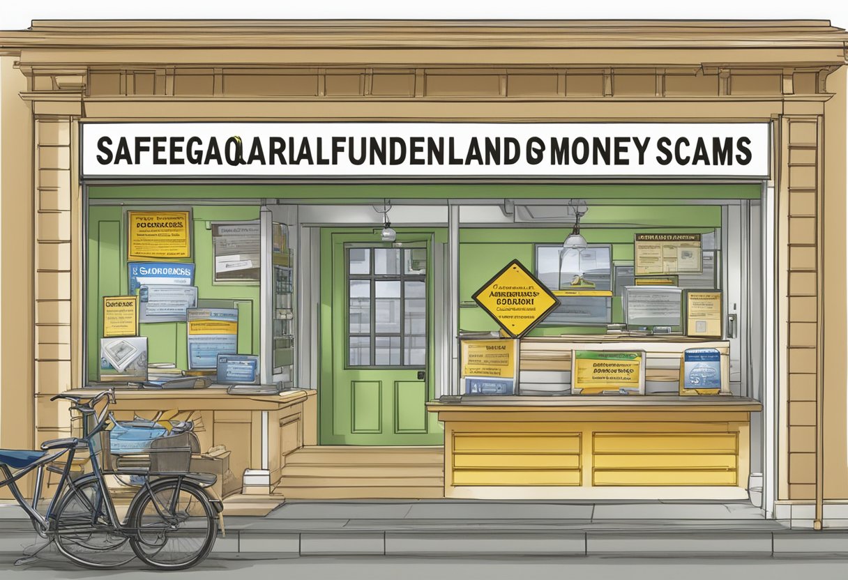 A sign displaying "Safeguards Against Unlicensed Moneylending and Scams" in a licensed money lender directory