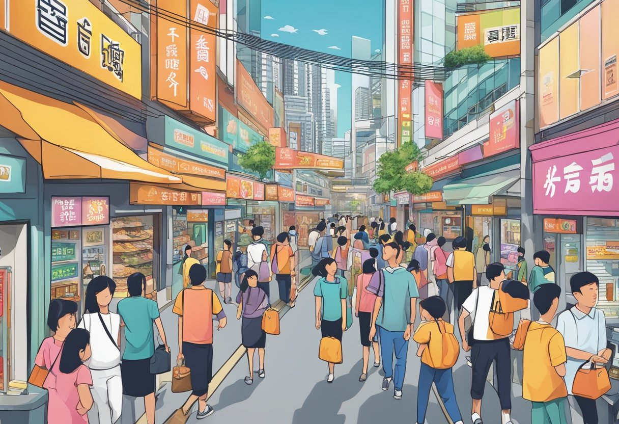 A bustling street in Jurong East, with a prominent sign for a licensed money lender. Surrounding shops and pedestrians create a lively atmosphere