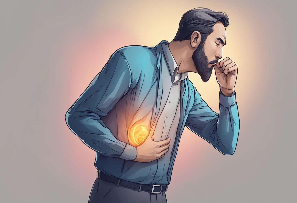 A figure stands with a hand over their chest, coughing vigorously with a pained expression, while their heart beats rapidly