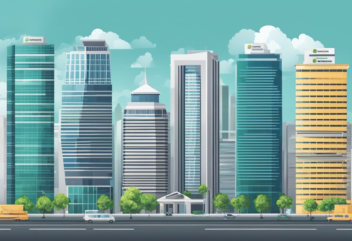 A row of modern office buildings with prominent signage displaying the names of the top 5 licensed moneylenders in Singapore